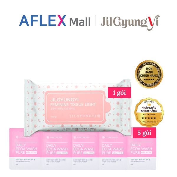 Combo khăn giấy ướt vệ sinh vùng kín và dung dịch vệ sinh phụ nữ Jilgyungyi làm sạch vùng kín 5 gói