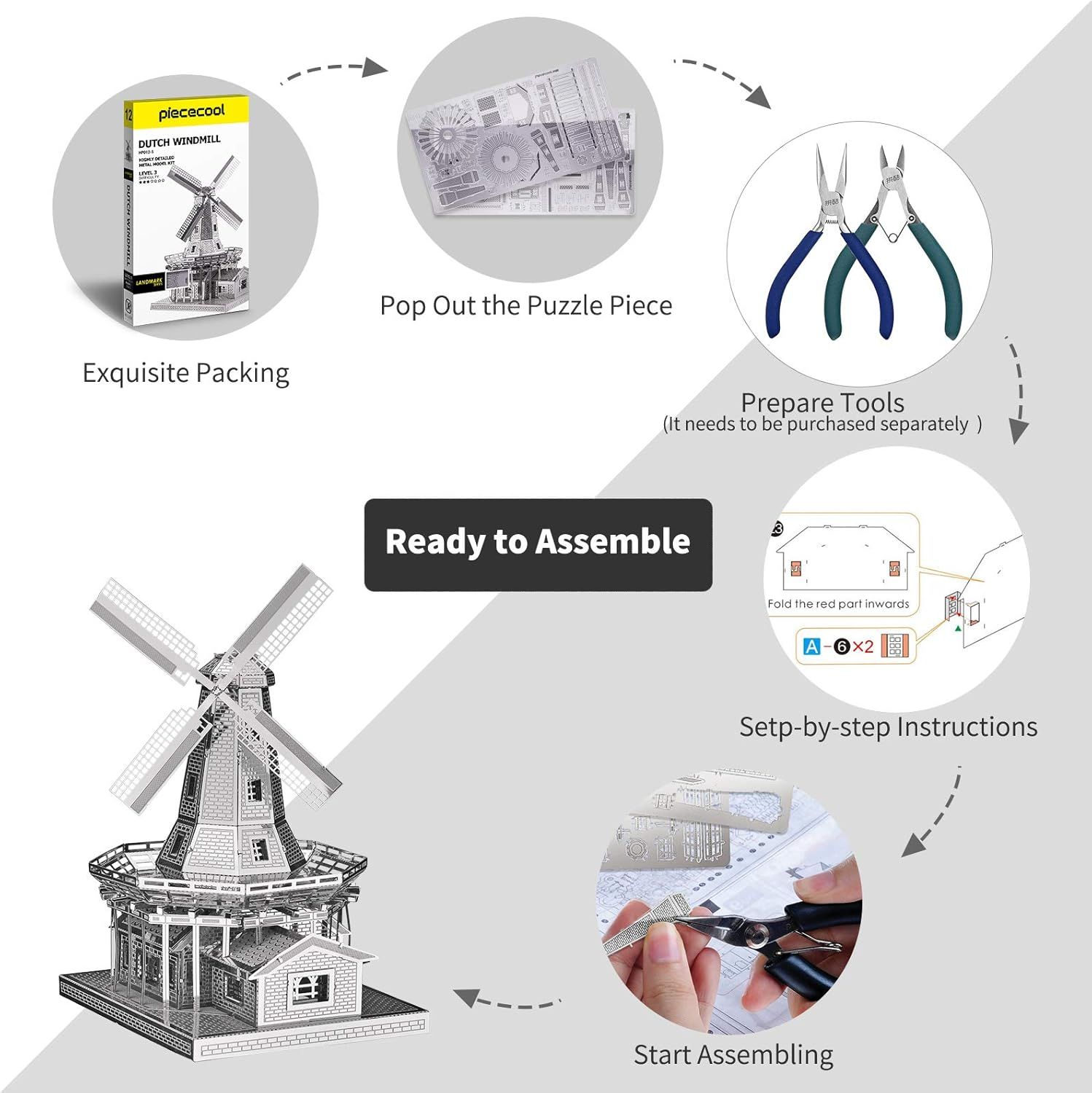  Mô Hình Kim Loại Lắp Ráp 3D Piececool Cối Xay Gió (89 mảnh, Dutch Windmill) HP012-S– MP375 