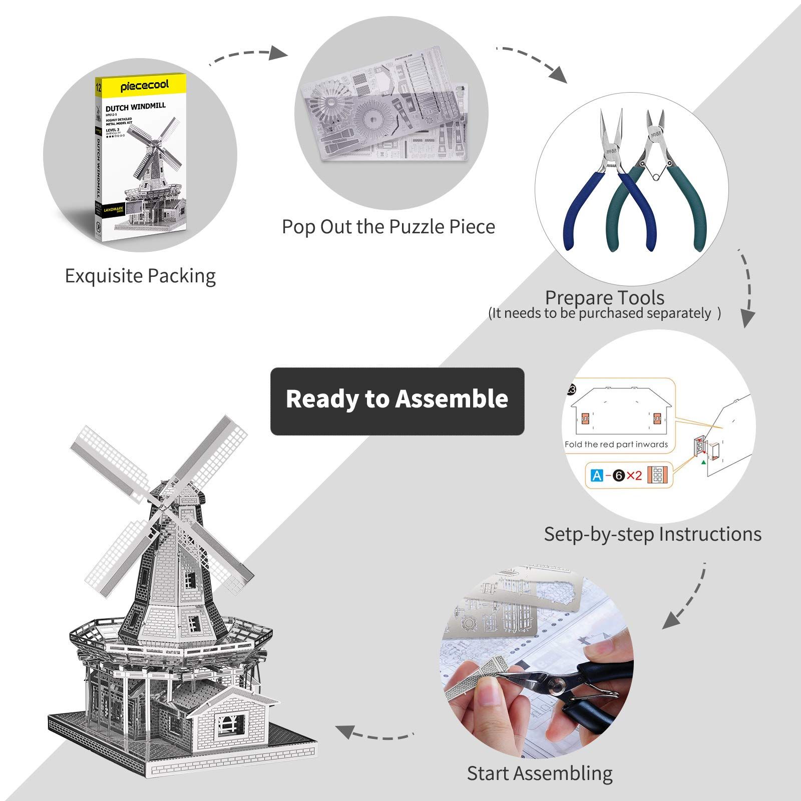  Mô Hình Kim Loại Lắp Ráp 3D Piececool Cối Xay Gió (89 mảnh, Dutch Windmill) HP012-S– MP375 