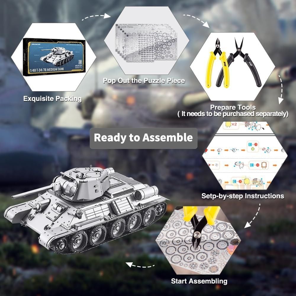  Mô Hình Kim Loại 3D Lắp Ráp Piececool Xe Tăng Chiến Đấu T-34/76 (Tỉ Lệ 1:48, 308 mảnh, T-34/76, 308 mảnh, Medium Tank) HP358-SK - MP1231 