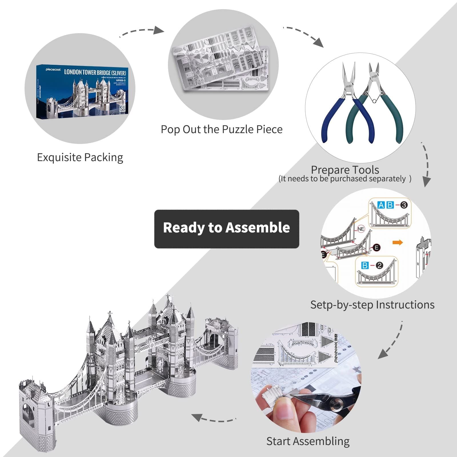  Mô Hình Kim Loại Lắp Ráp 3D Piececool Cầu Tháp Luân Đôn (65 mảnh, Tower Bridge of London) HP009-S – MP370 