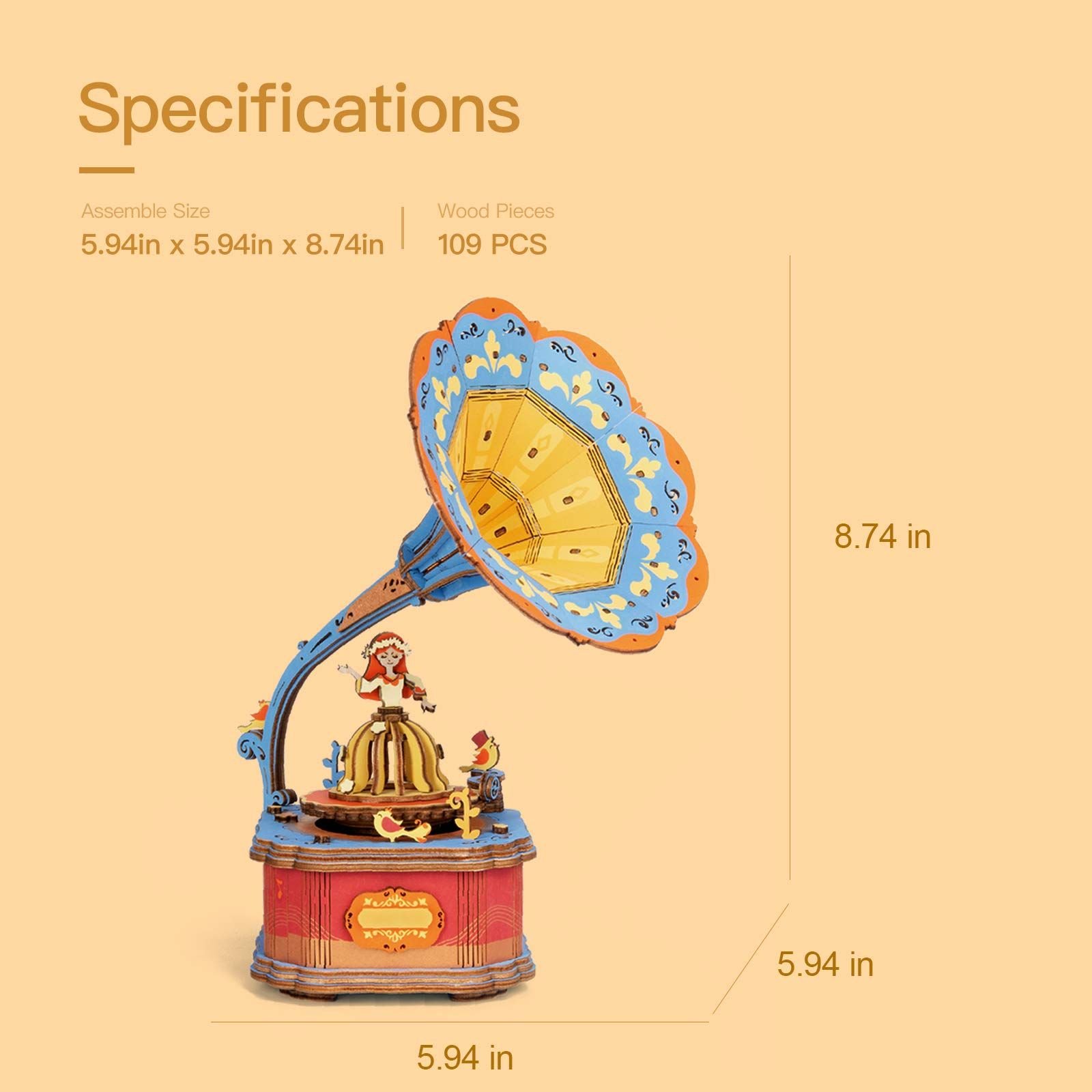  Mô Hình Gỗ 3D Lắp Ráp ROBOTIME Hộp Nhạc Máy Nghe Đĩa Than (109 mảnh, Vintage Gramphone Music Box) AM43 – WP007 