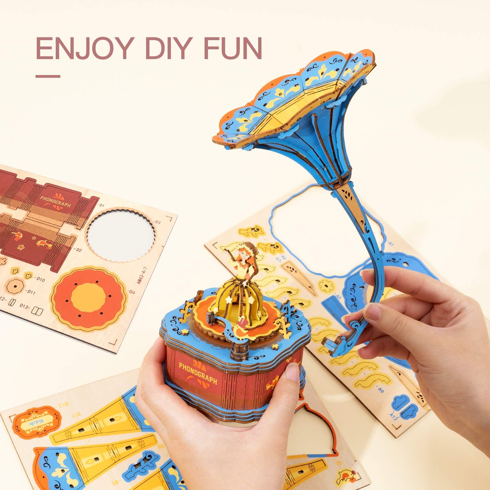  Mô Hình Gỗ 3D Lắp Ráp ROBOTIME Hộp Nhạc Máy Nghe Đĩa Than (109 mảnh, Vintage Gramphone Music Box) AM43 – WP007 