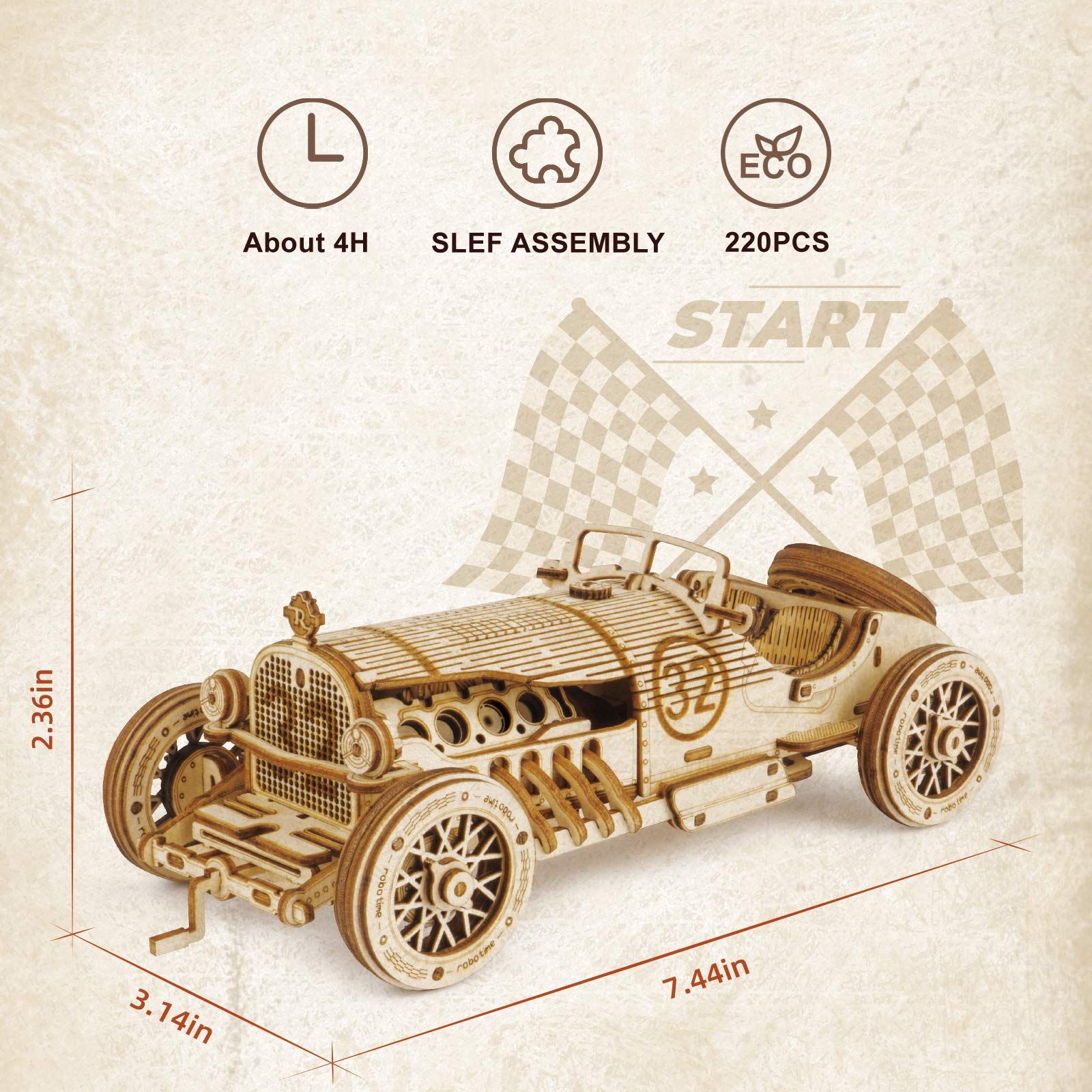  Mô Hình Gỗ 3D Lắp Ráp ROBOTIME Xe V8 (220 mảnh, Grand Prix Car) MC401 – WP031 