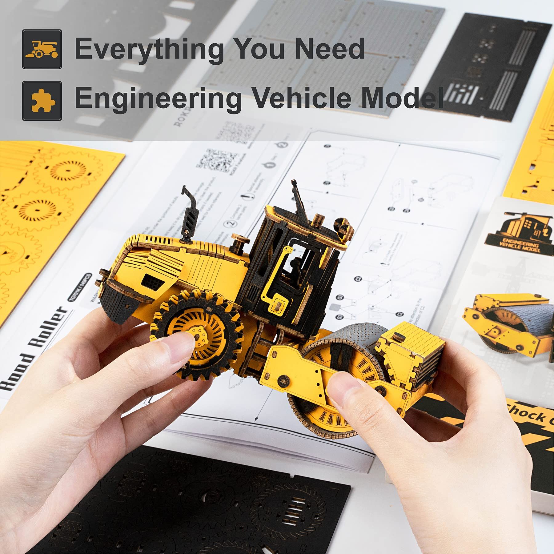  Mô Hình Gỗ 3D Lắp Ráp ROBOTIME ROKR Xe Lu (225 mảnh, Road Roller) TG701K – WP250 
