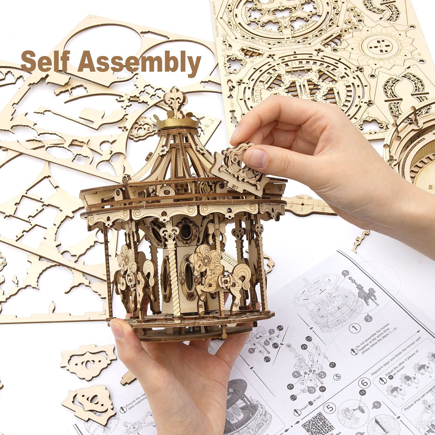  Mô Hình Gỗ 3D Lắp Ráp ROBOTIME ROKR Hộp Nhạc Vòng Xoay Ngựa Gỗ (384 mảnh, Romantic Carousel) AMK62 - WP197 