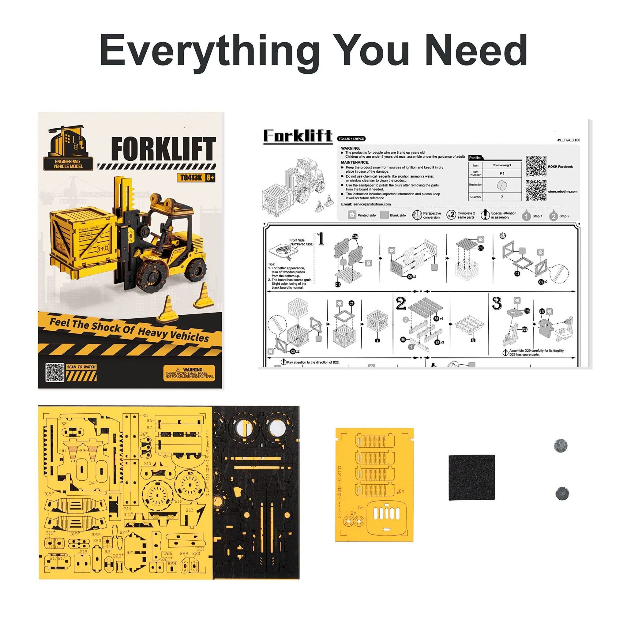  Mô Hình Gỗ 3D Lắp Ráp ROBOTIME ROKR Xe Nâng Hàng Hóa (139 mảnh, Forklift) TG413K – WP246 