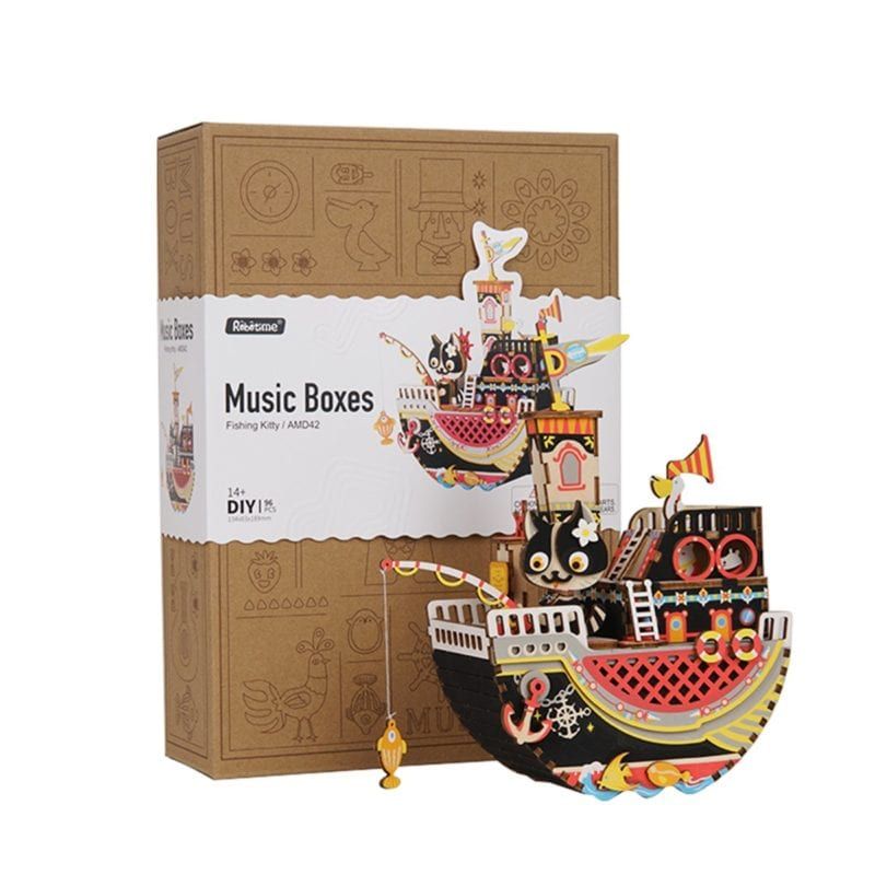  Mô Hình Gỗ 3D Lắp Ráp ROBOTIME Hộp Nhạc Chú Mèo Câu Cá Fishing Kitty Music Box AMD42 – WP009 