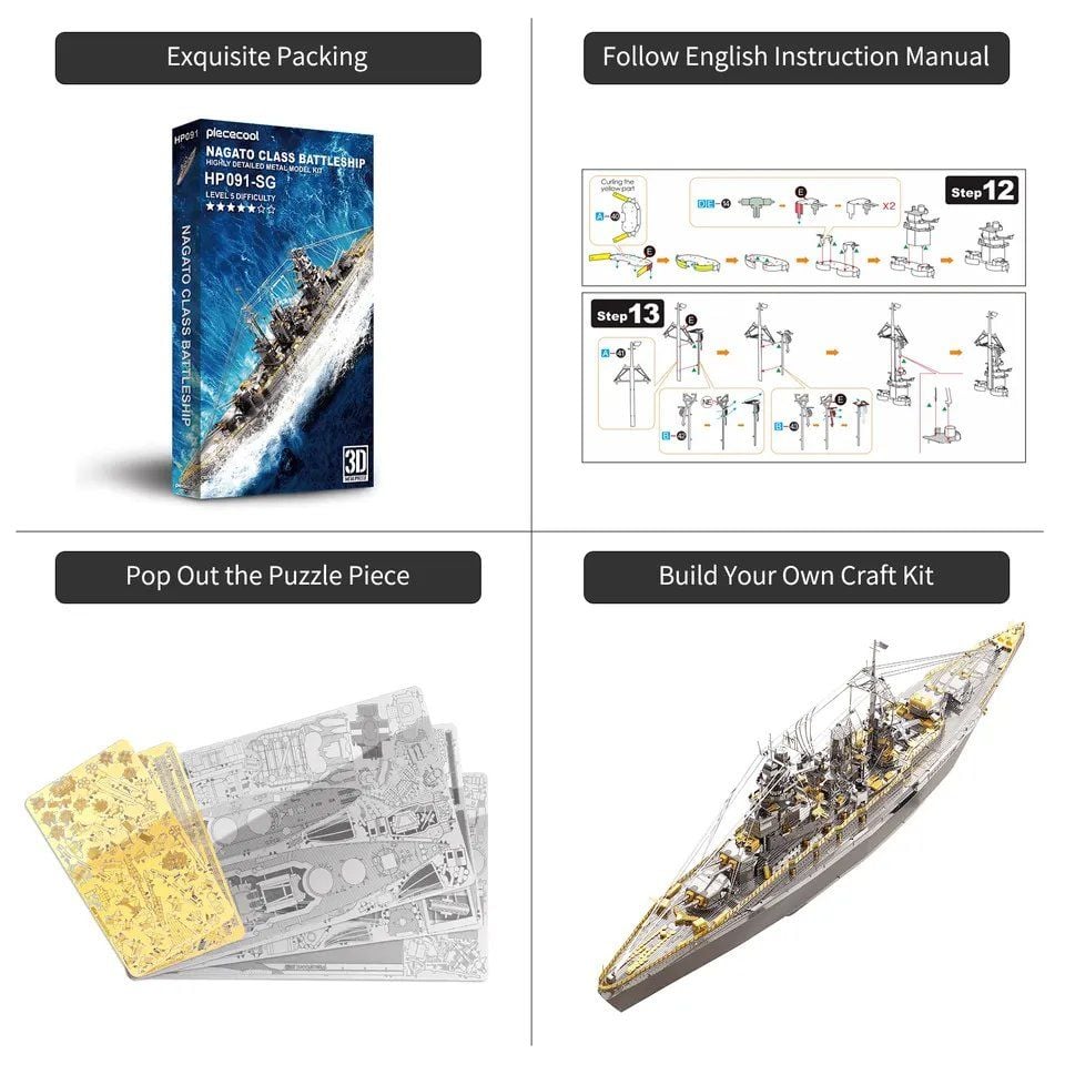  Mô Hình Kim Loại Lắp Ráp 3D Piececool Thiết Giáp Hạm Nagato (199 mảnh, Class Battleship) HP091-SG – MP311 