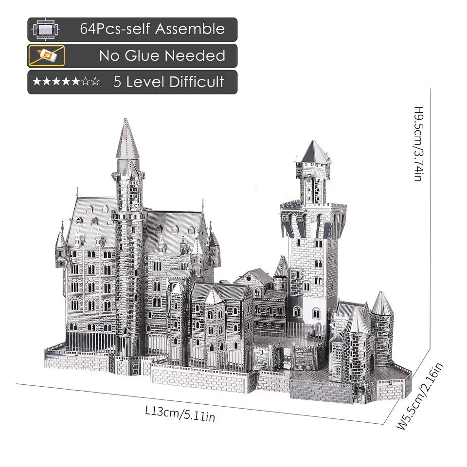  Mô Hình Kim Loại Lắp Ráp 3D Piececool Lâu Đài Cổ Tích (64 mảnh, Neuschwanstein Castle) HP013-S – MP380 