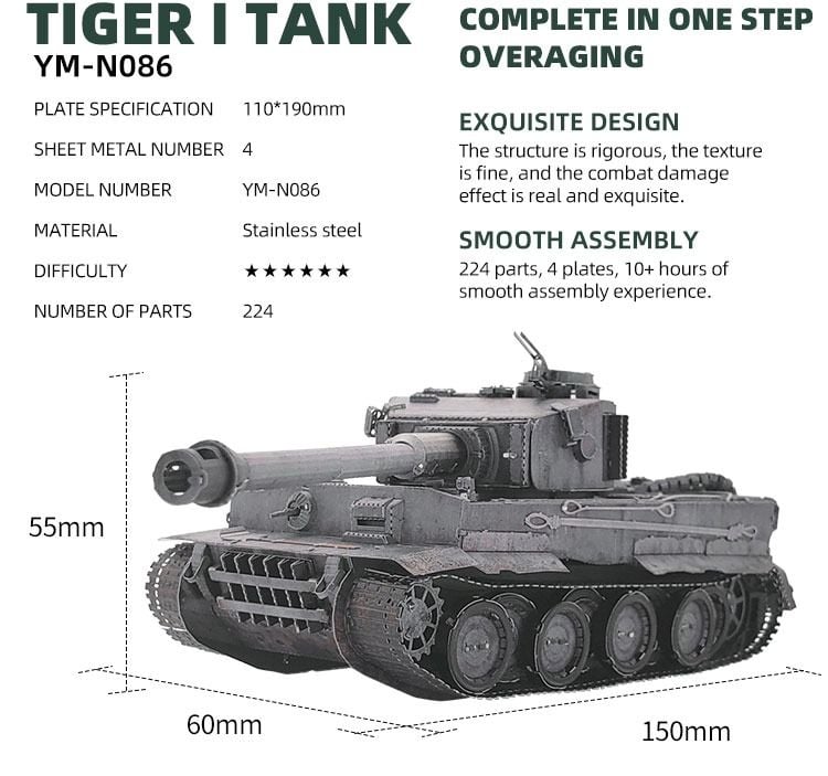  Mô Hình Kim Loại Lắp Ráp 3D MU Xe Tăng Hạng Nặng Tiger I (224 mảnh, Tiger Tank) YM-N086 – MP773 