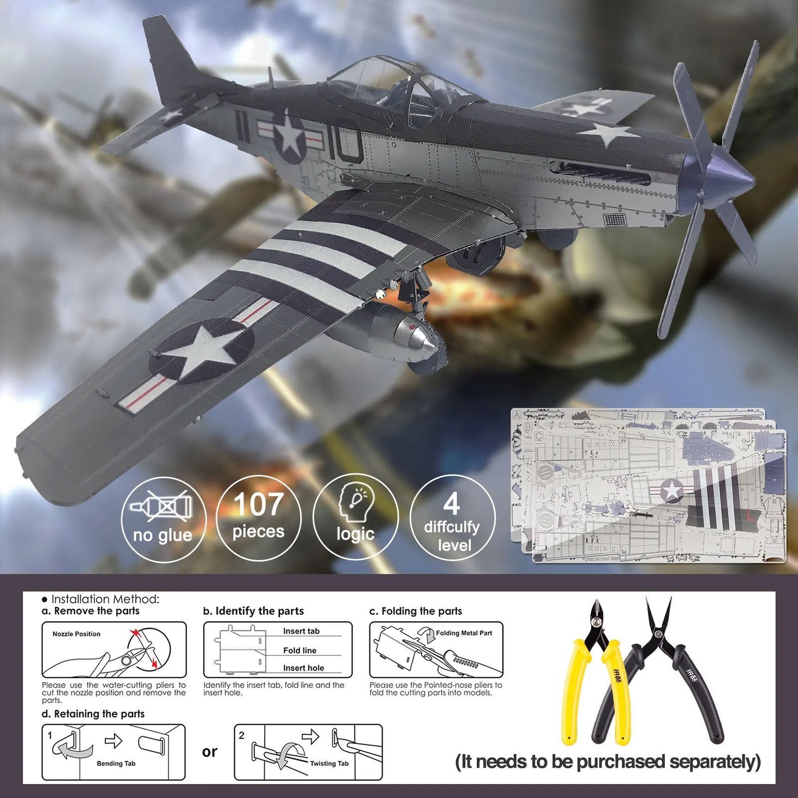  Mô Hình Kim Loại 3D Lắp Ráp Piececool Máy Bay Tiêm Kích P-51 Mustang (107 mảnh) HP312-SK - MP1227 