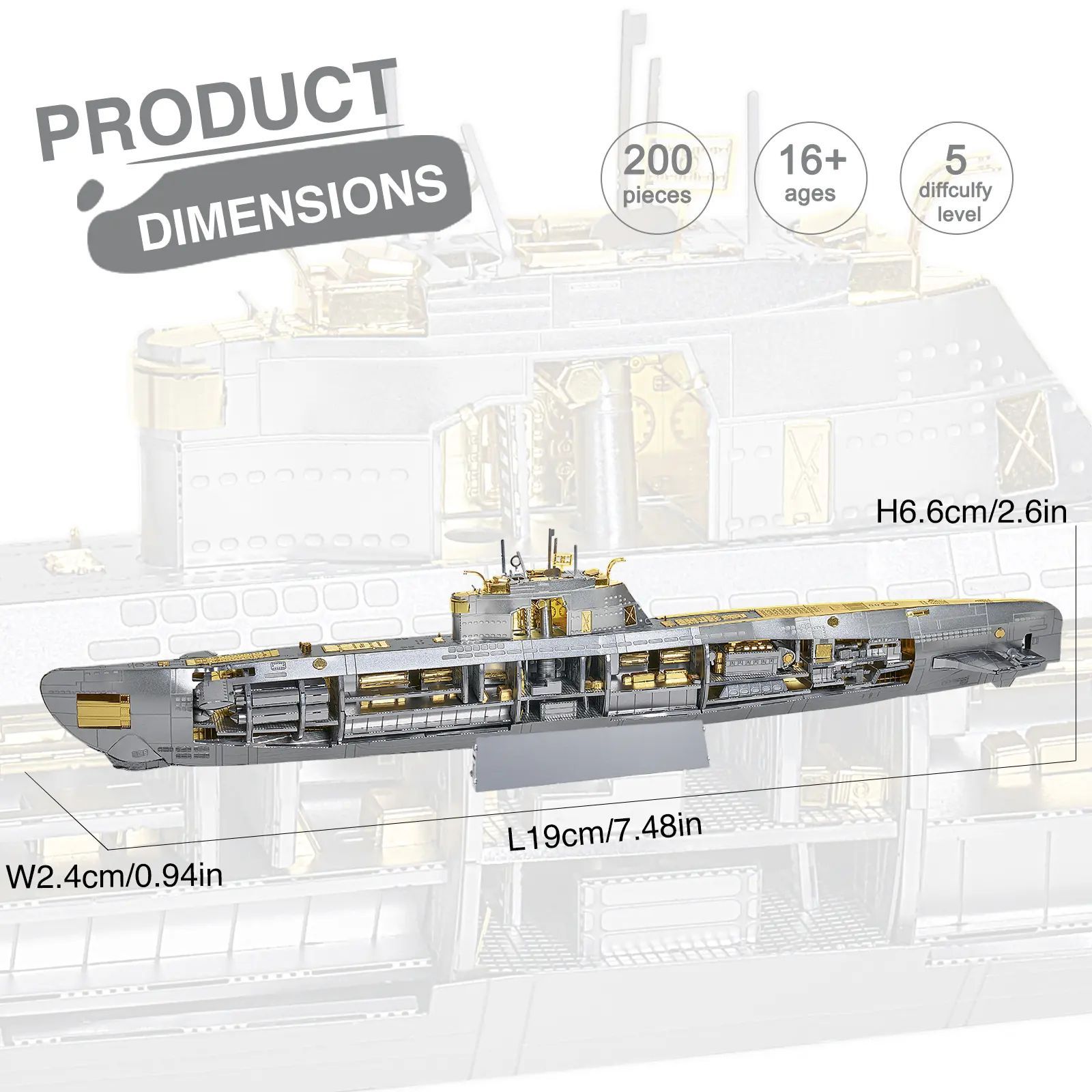  Mô Hình Kim Loại Lắp Ráp 3D Piececool Tàu Ngầm Hải Quân Đức U-boat (200 mảnh, Germany Submarine) - MP1190 