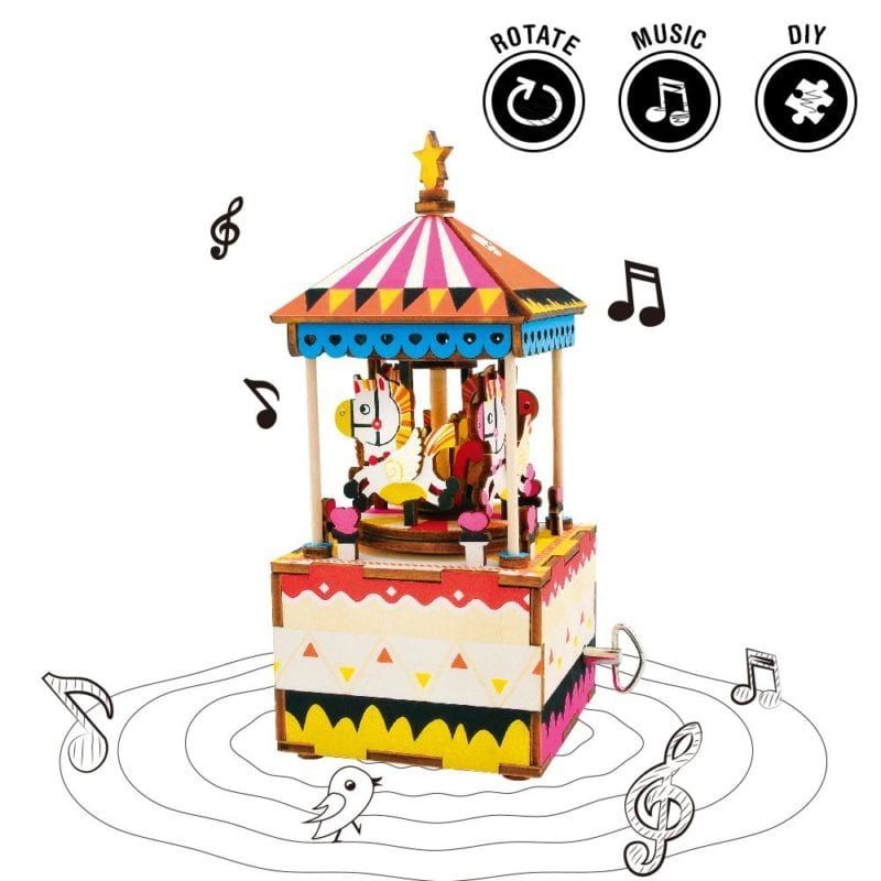  Mô Hình Gỗ 3D Lắp Ráp ROBOTIME Hộp Nhạc Vòng Xoay Ngựa Gỗ (61 mảnh, Merry Go Round Music Box) AM304 – WP012 