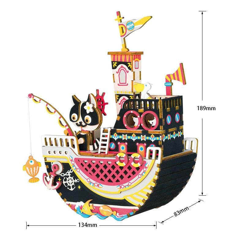  Mô Hình Gỗ 3D Lắp Ráp ROBOTIME Hộp Nhạc Chú Mèo Câu Cá Fishing Kitty Music Box AMD42 – WP009 