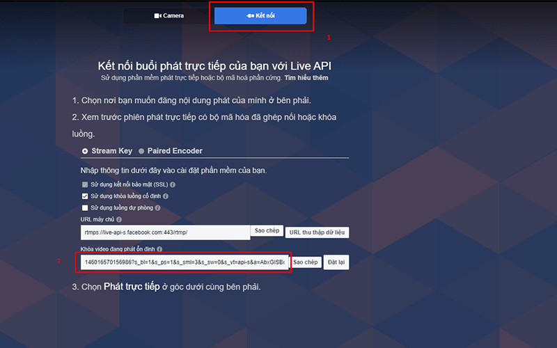 Bấm vào mục "Kết nối" để lấy đoạn mã "Live Key"