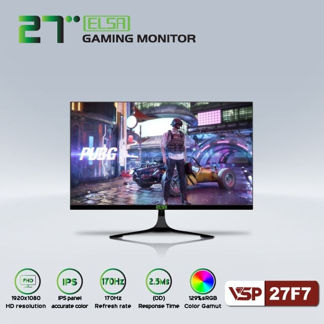 Màn hình Gaming VSP ELSA 27F7 | 27 inch, Full HD, IPS, 170Hz, 2ms, phẳng, đen