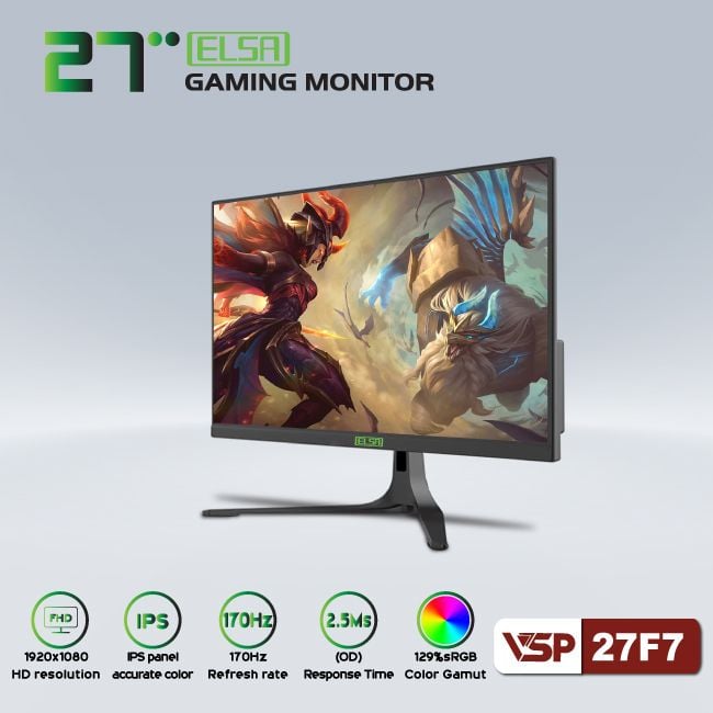 Màn hình Gaming VSP ELSA 27F7 | 27 inch, Full HD, IPS, 170Hz, 2ms, phẳng, đen