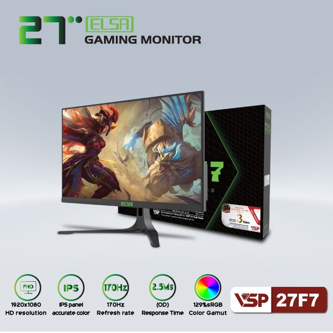 Màn hình Gaming VSP ELSA 27F7 | 27 inch, Full HD, IPS, 170Hz, 2ms, phẳng, đen