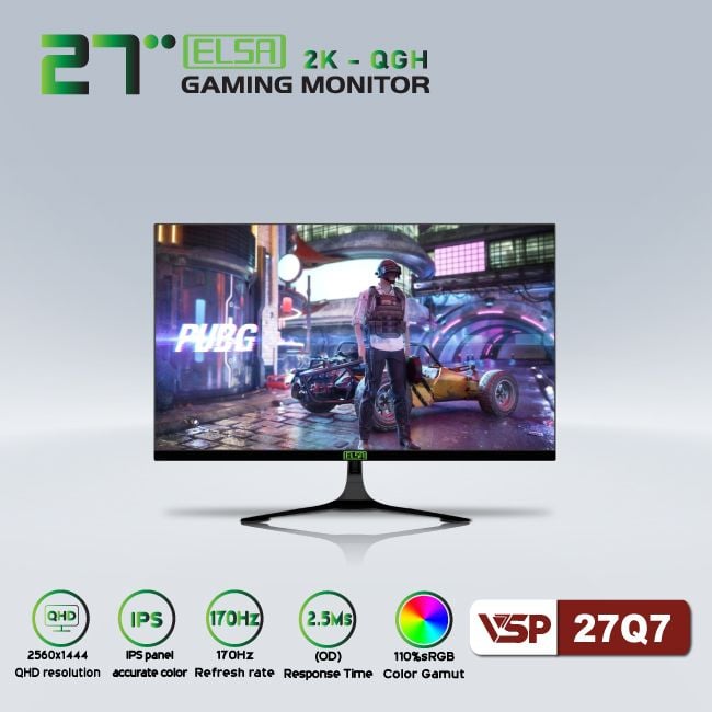 Màn hình Gaming VSP ELSA 27Q7 | 27 inch, 2K, IPS, 170Hz, 2ms, phẳng, đen