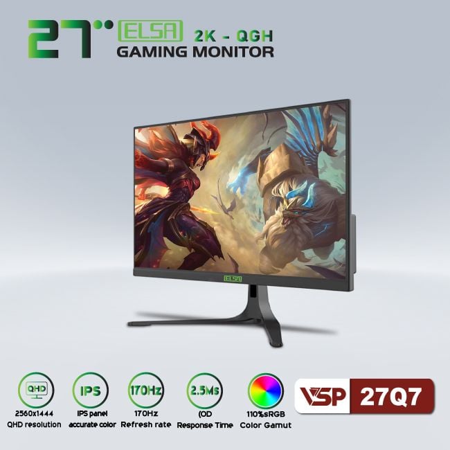 Màn hình Gaming VSP ELSA 27Q7 | 27 inch, 2K, IPS, 170Hz, 2ms, phẳng, đen