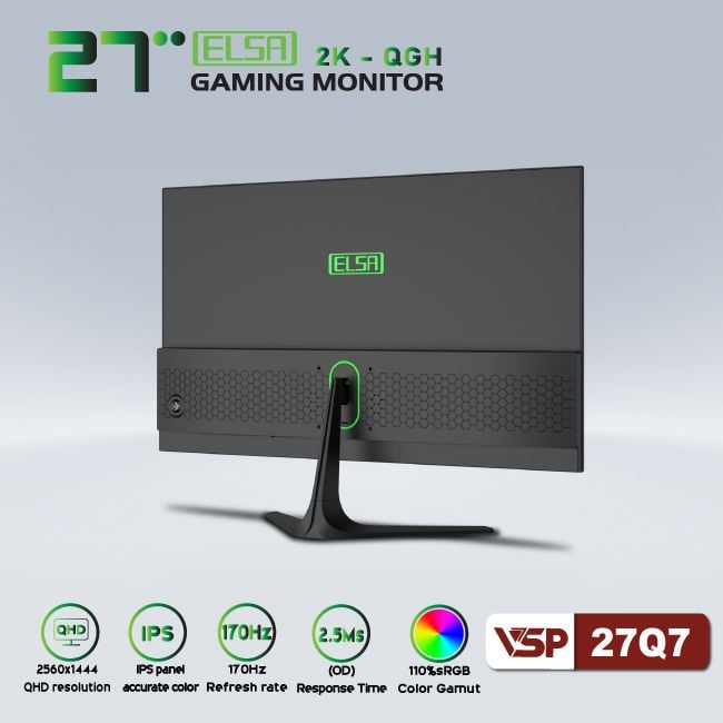 Màn hình Gaming VSP ELSA 27Q7 | 27 inch, 2K, IPS, 170Hz, 2ms, phẳng, đen