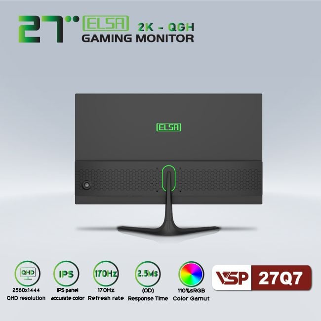 Màn hình Gaming VSP ELSA 27Q7 | 27 inch, 2K, IPS, 170Hz, 2ms, phẳng, đen