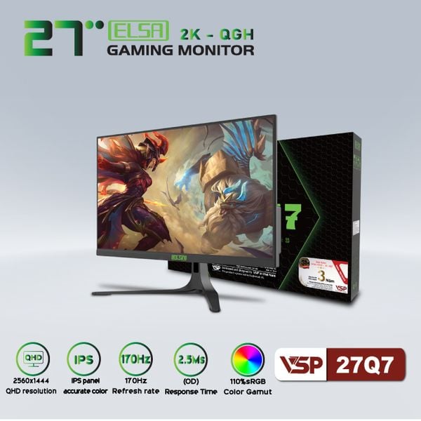  Màn hình Gaming VSP ELSA 27Q7 | 27 inch, 2K, IPS, 170Hz, 2ms, phẳng, đen 