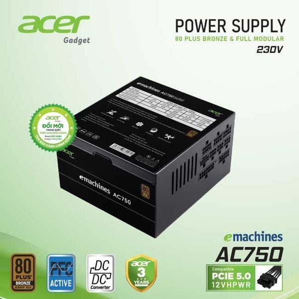  Nguồn máy tính Acer Ac750 80 Plus bronze (180V-230V) | Full-Module Pcie5.0 