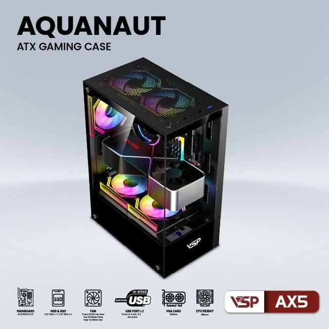 Thùng máy Case VSP Aquanaut AX5 - Black | Mid Tower, ATX