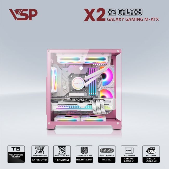 Thùng máy Case VSP Aquanaut Pro Gaming X2 Galaxy - Hồng | Small M-ATX