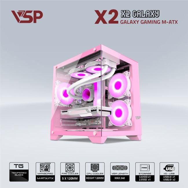 Thùng máy Case VSP Aquanaut Pro Gaming X2 Galaxy - Hồng | Small M-ATX