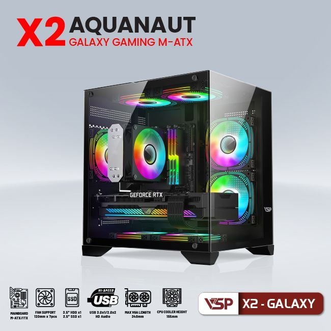 Thùng máy Case Aquanaut Pro Gaming M-ATX X2 Galaxy - Đen | Mid Tower, ATX