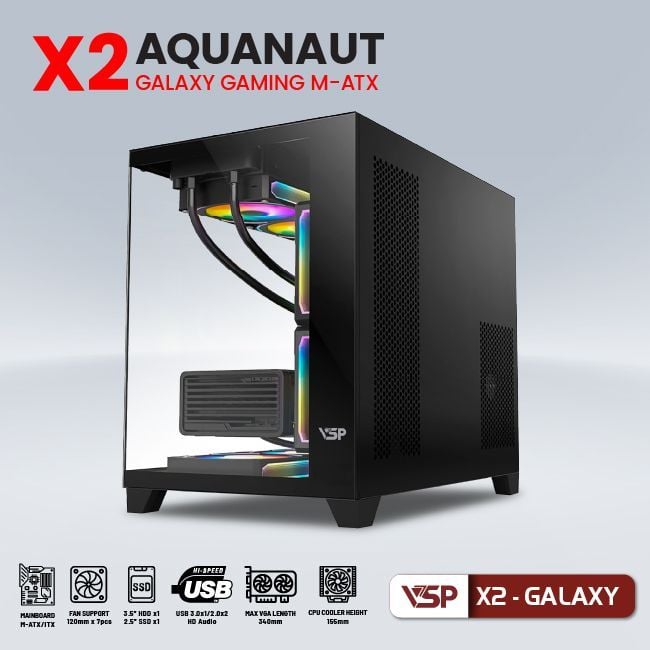 Thùng máy Case Aquanaut Pro Gaming M-ATX X2 Galaxy - Đen | Mid Tower, ATX