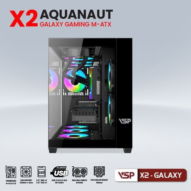 Thùng máy Case Aquanaut Pro Gaming M-ATX X2 Galaxy - Đen | Mid Tower, ATX