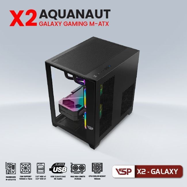 Thùng máy Case Aquanaut Pro Gaming M-ATX X2 Galaxy - Đen | Mid Tower, ATX