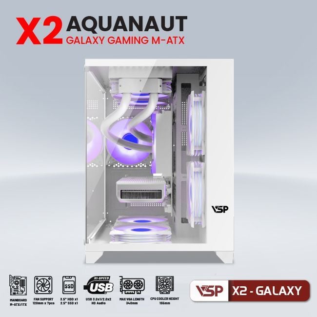 Thùng máy Case Aquanaut Pro Gaming M-ATX X2 Galaxy - Trắng | Mid Tower, ATX