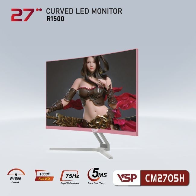 Màn hình Gaming VSP CM2705H Hồng | 27 inch, Full HD, VA, 75Hz, 6ms, cong