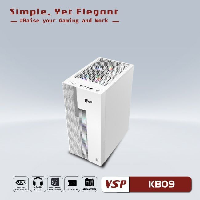 Thùng máy Case VSP ESport Gaming KB09 - Trắng | Nguồn dưới, không fan
