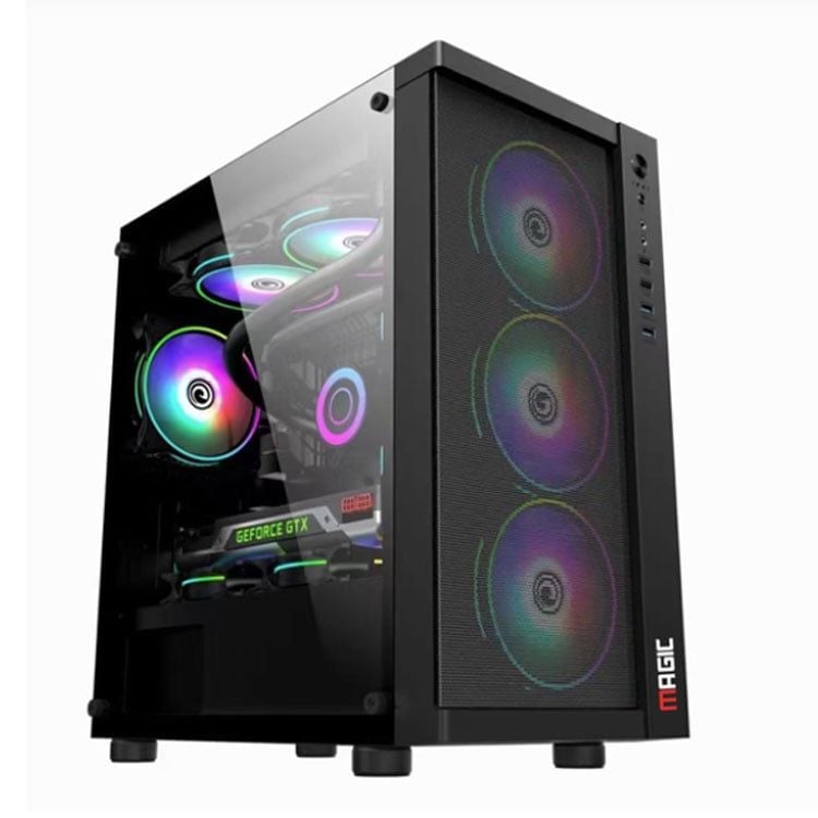 Thùng máy Case Magic GM-01 Black Mesh | Đen, kèm sẵn 4 Fan RGB, mặt lưới