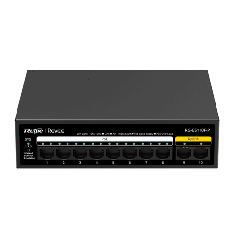 Switch Ruijie 10 Port RG-ES110F-P | 8 cổng POE, 2 cổng Uplink
