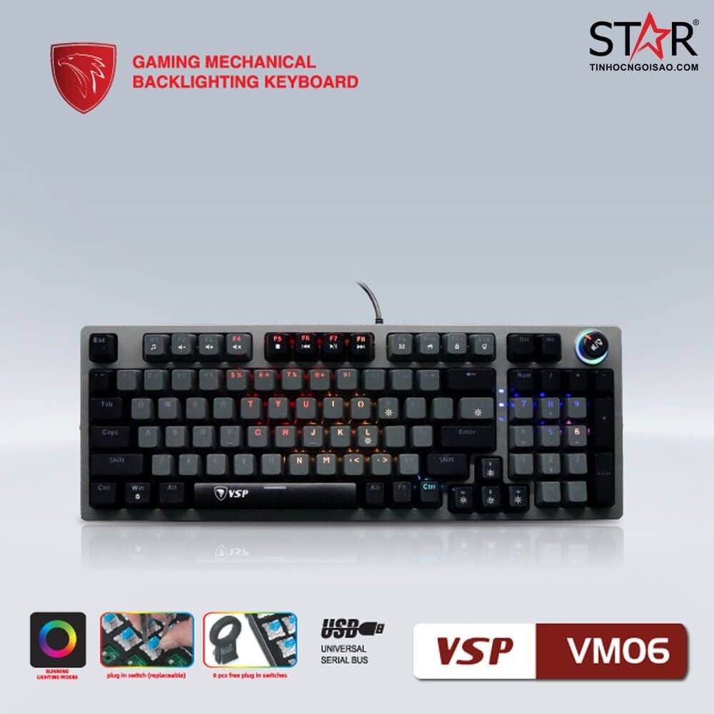 Bàn Phím Cơ VSP eSport Gaming VM06 Black Grey LED RGB