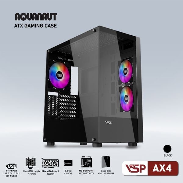  Thùng máy VSP Aquanaut AX4 | ATX, Trắng / Đen, Không Fan 