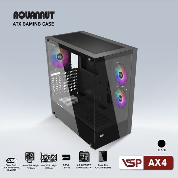  Thùng máy VSP Aquanaut AX4 | ATX, Trắng / Đen, Không Fan 
