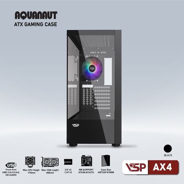  Thùng máy VSP Aquanaut AX4 | ATX, Trắng / Đen, Không Fan 