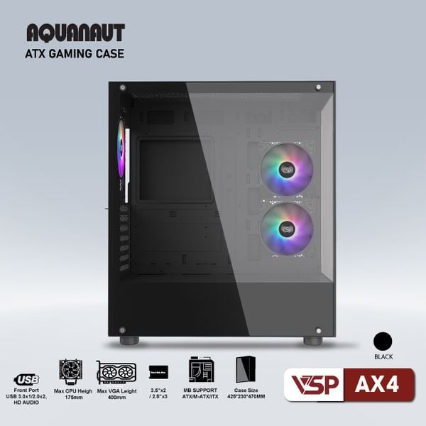  Thùng máy VSP Aquanaut AX4 | ATX, Trắng / Đen, Không Fan 