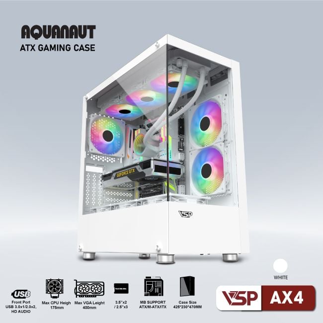 Thùng máy Case VSP Aquanaut AX4 | ATX, Trắng / Đen, Không Fan