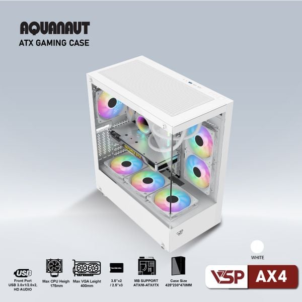  Thùng máy VSP Aquanaut AX4 | ATX, Trắng / Đen, Không Fan 