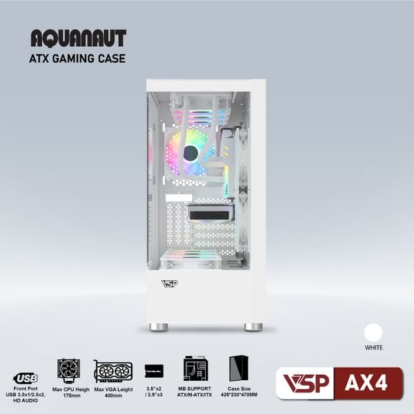  Thùng máy VSP Aquanaut AX4 | ATX, Trắng / Đen, Không Fan 