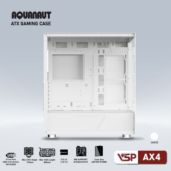  Thùng máy VSP Aquanaut AX4 | ATX, Trắng / Đen, Không Fan 